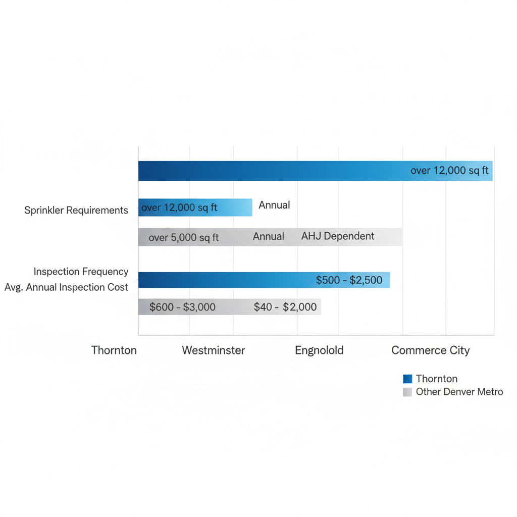 Horizontal bar chart comparing fire protection requirements including sprinkler mandates, inspection frequency, and costs in Thornton versus Westminster, Englewood, and Commerce City.