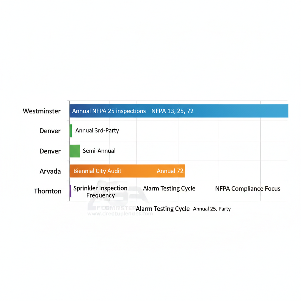 Horizontal bar chart comparing fire protection requirements in Westminster, Denver, Arvada, and Thornton, Colorado, focusing on inspection frequencies and NFPA compliance.