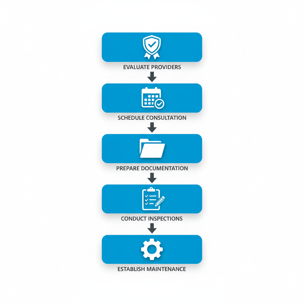 Vertical process flow diagram showing five steps to secure fire protection services in Westminster, with icons for evaluation, scheduling, documentation, inspections, and maintenance.