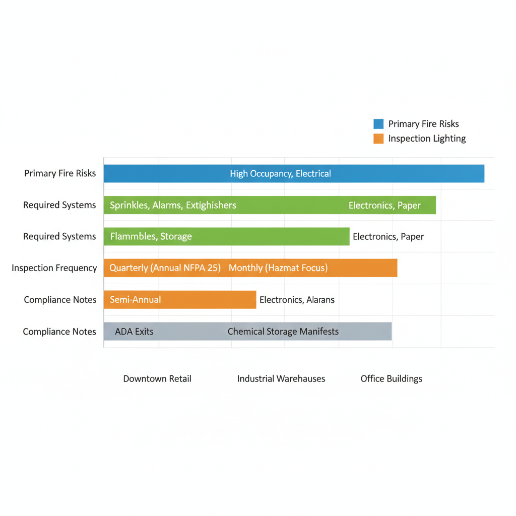 Horizontal bar chart comparing fire protection requirements in Westminster commercial zones including risks, systems, and compliance.