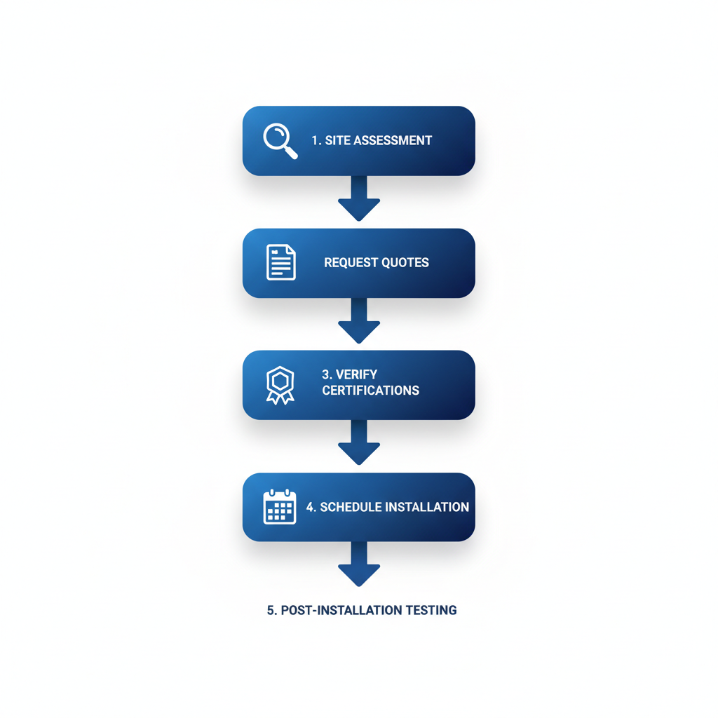 Vertical process flow diagram showing five steps to start fire protection services in Westminster with icons and labels.