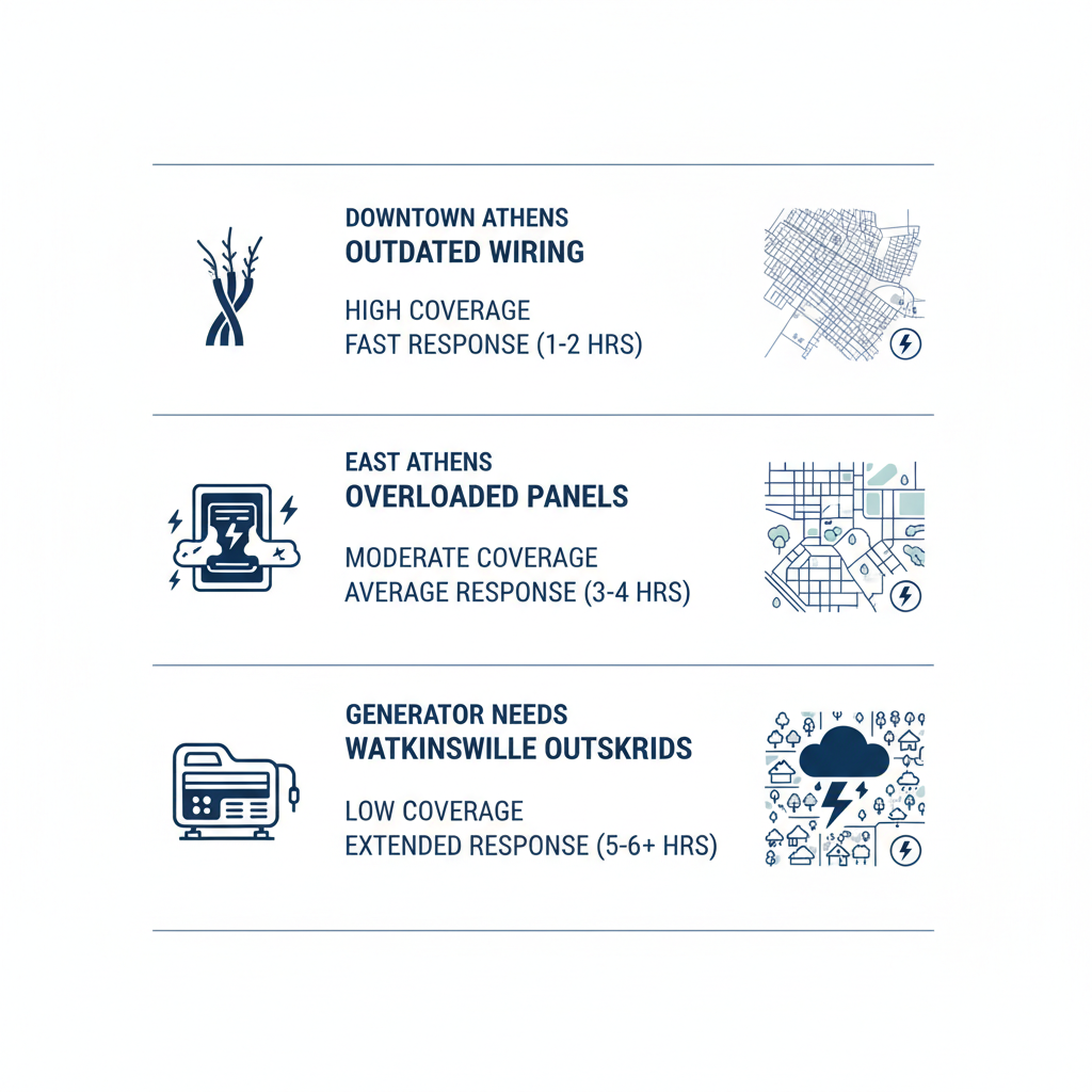 Infographic comparing electrical services across Athens neighborhoods: Downtown, East Athens, and Watkinsville Outskirts, with issue icons, coverage details, and local map.