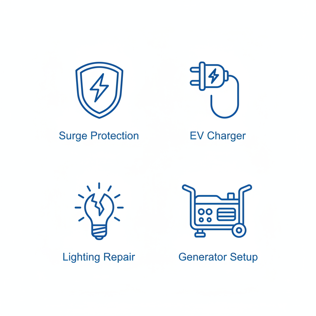 Grid of icons showing electrical services: surge protection, EV charger, lighting repair, and generator setup
