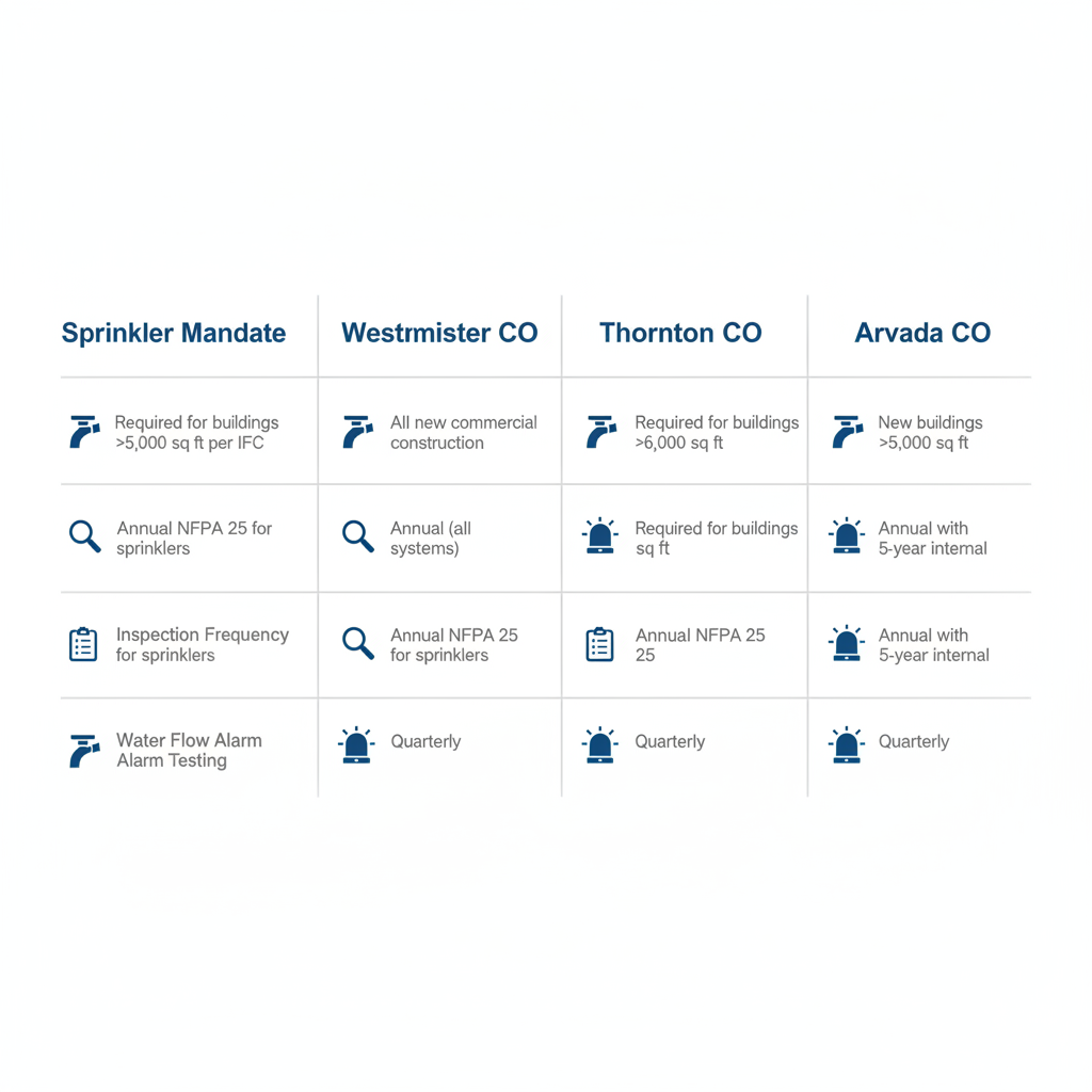 Infographic comparing fire protection requirements in Westminster, Denver, Thornton, and Arvada, Colorado.