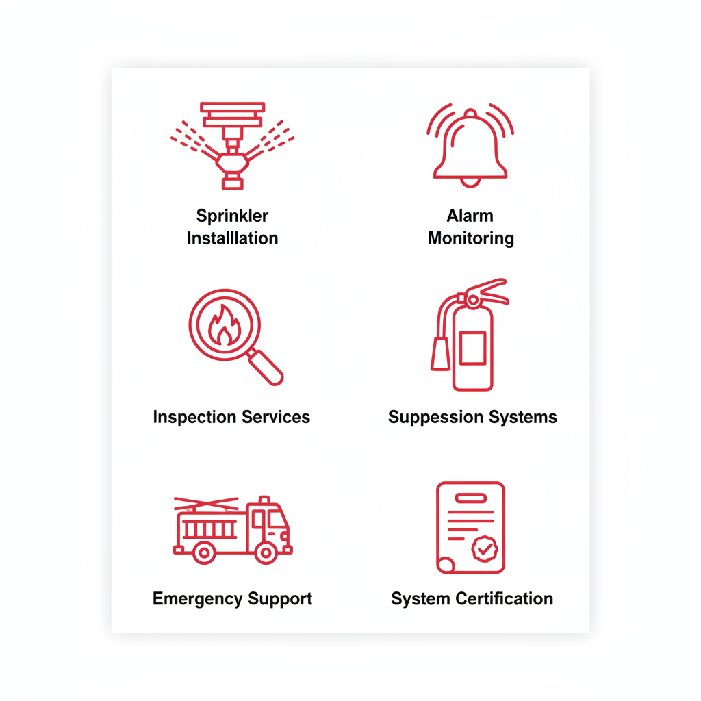 Grid of six icons representing fire protection services: sprinkler installation, alarm monitoring, inspections, suppression systems, emergency support, and system certification.