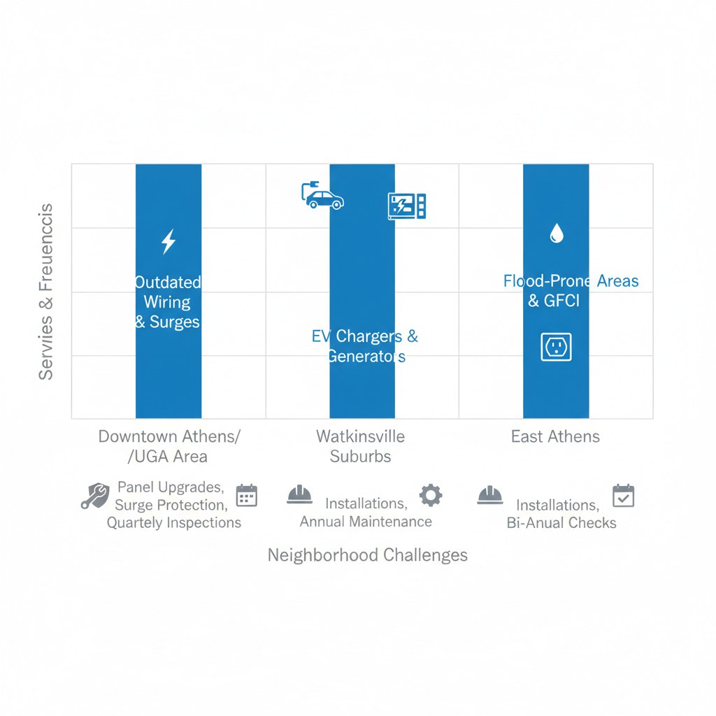 Bar chart comparing electrical challenges, services, and maintenance needs in Athens neighborhoods