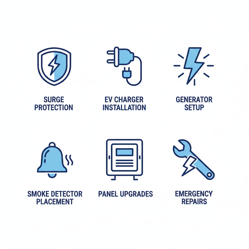 Grid of icons representing electrical services: surge protection, EV charging, generators, smoke detectors, panel upgrades, and emergency repairs.