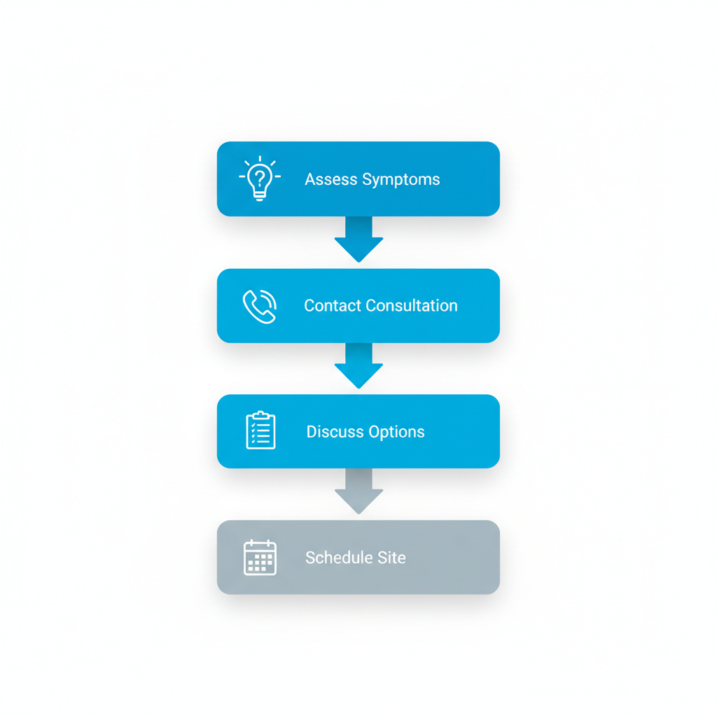 Vertical process flow diagram illustrating four steps to get started with electrical services: assess symptoms, contact for consultation, discuss options and pricing, schedule and prepare site.