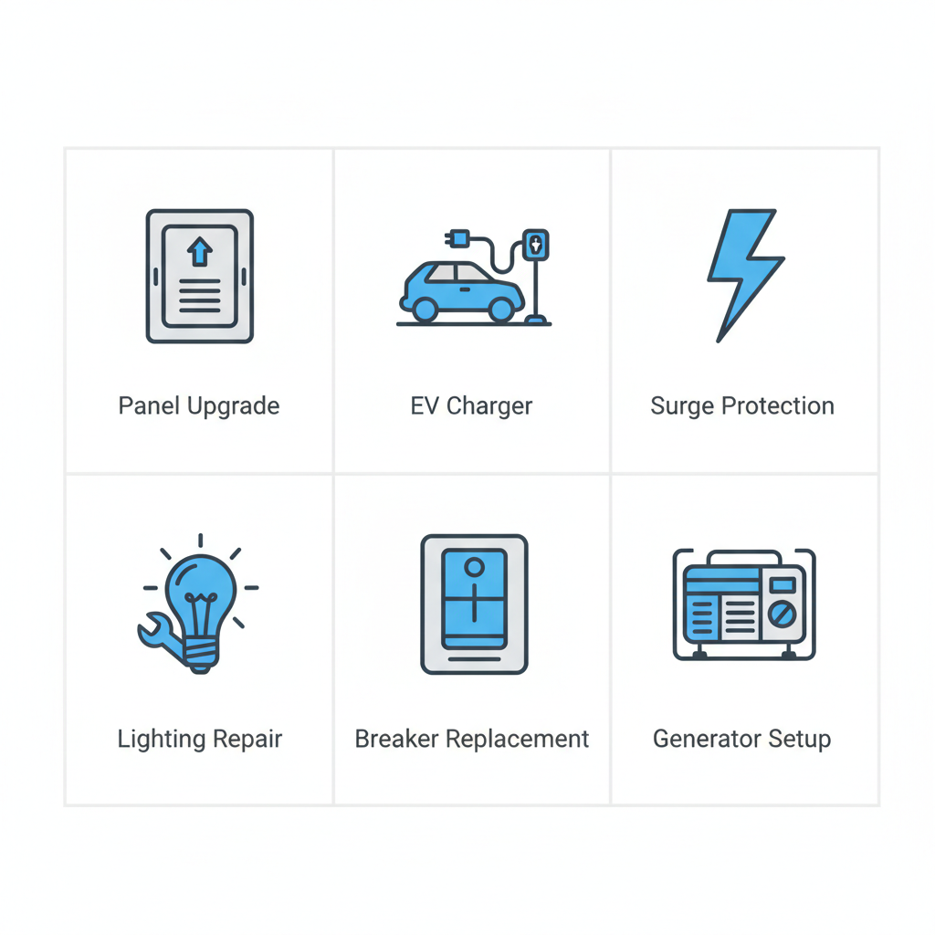 Grid of six icons representing key electrical services: panel upgrade, EV charger, surge protection, lighting repair, breaker replacement, and generator setup.