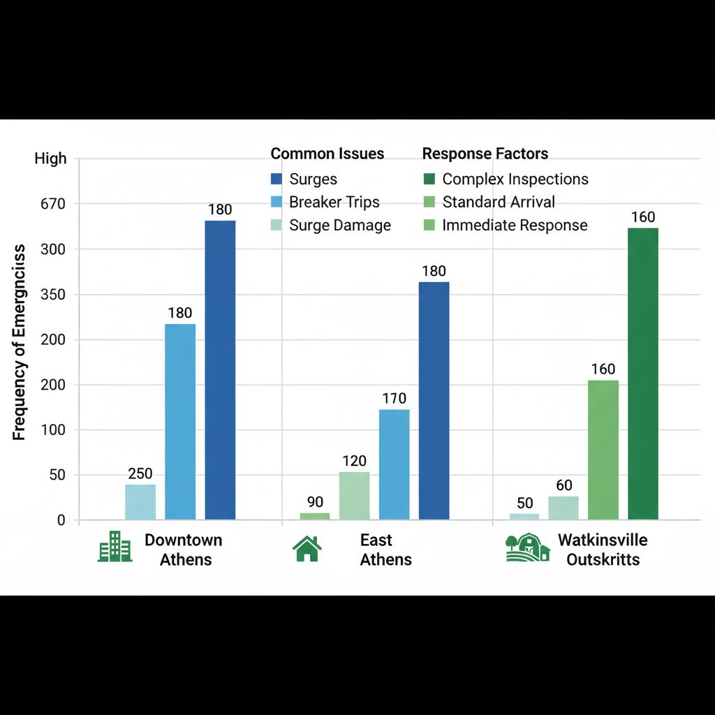 Bar chart showing electrical issues and responses in Athens neighborhoods