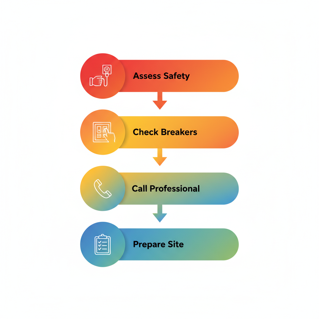 Vertical process flow illustrating four steps to handle electrical emergencies safely: assess safety, check breakers, call professional, and prepare site.