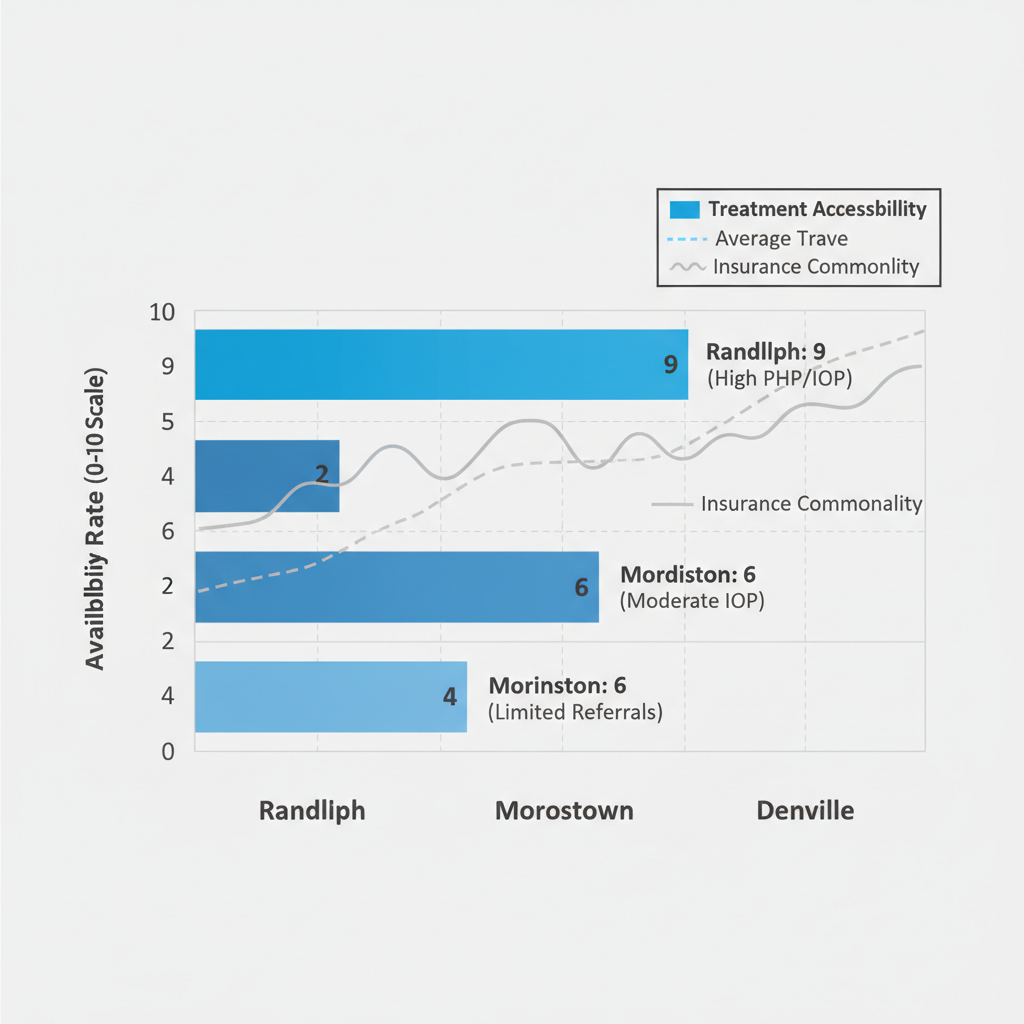 Horizontal bar chart comparing addiction treatment accessibility ratings across Randolph, Morristown, and Denville in Morris County with secondary metrics on insurance and travel time.