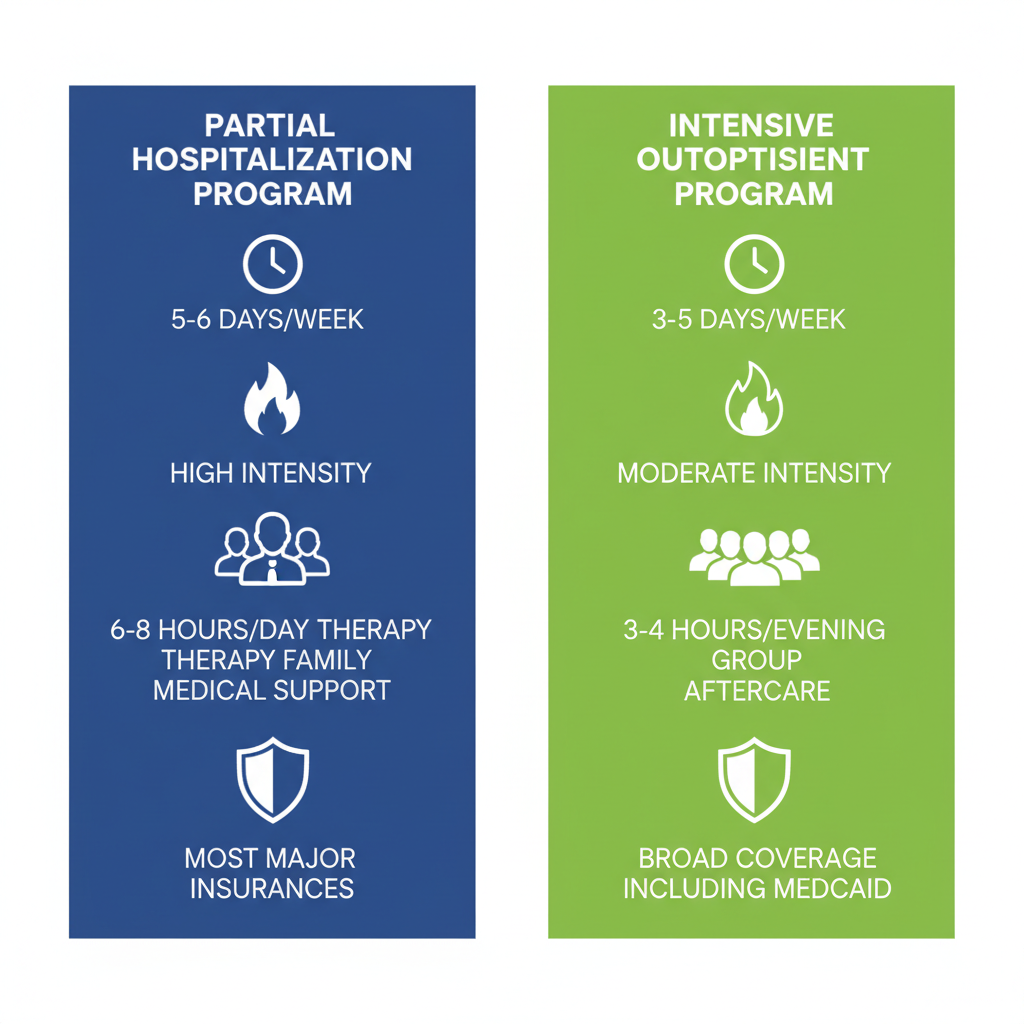 Infographic comparing Partial Hospitalization Program and Intensive Outpatient Program options in Morris County