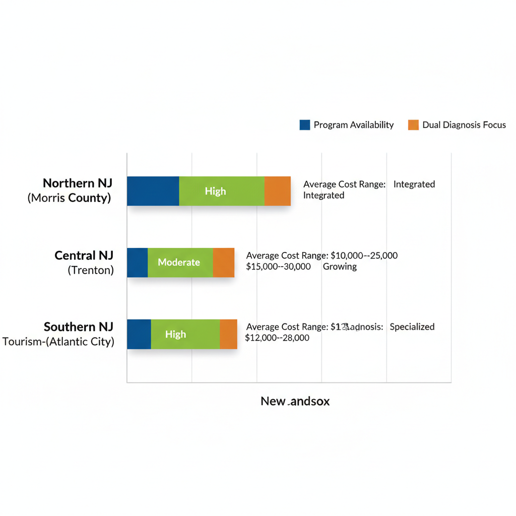 Bar chart comparing addiction treatment areas in New Jersey: Northern, Central, and Southern regions by program availability, cost ranges, and dual diagnosis focus.