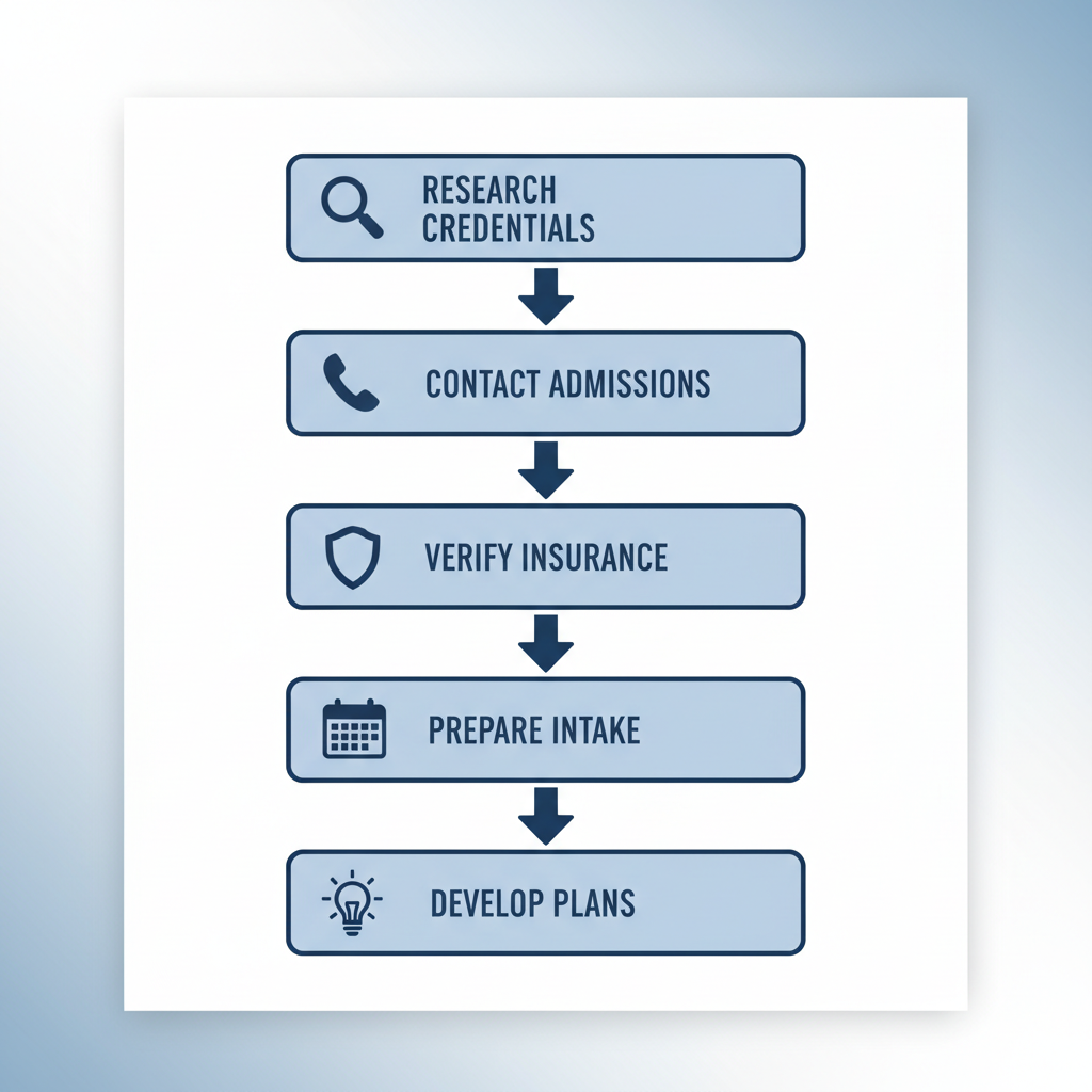 Vertical process flow illustrating five key steps to start residential addiction treatment in New Jersey, featuring icons for research, contact, verification, preparation, and planning.