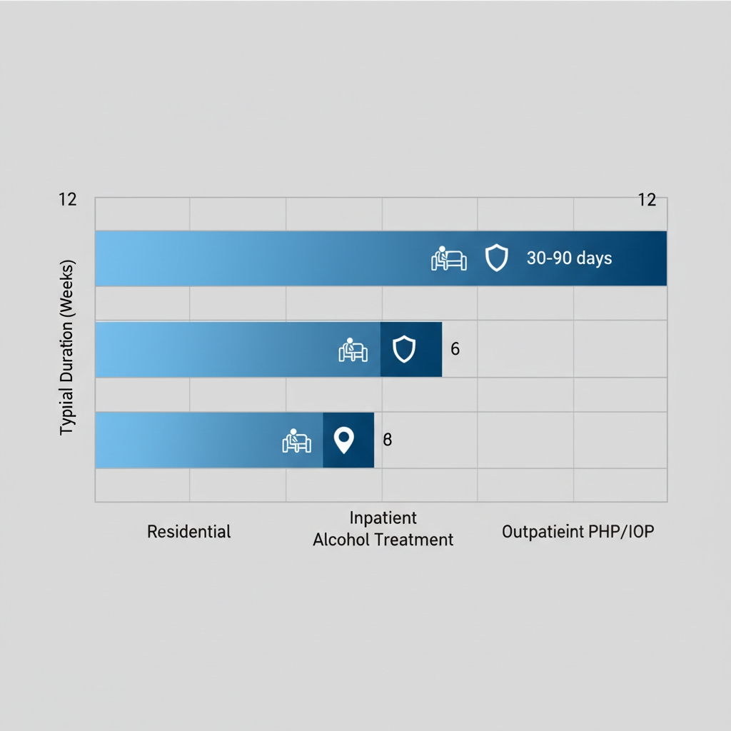 Horizontal bar chart comparing durations of addiction treatment programs in Randolph Area including residential, inpatient, and outpatient options with service icons
