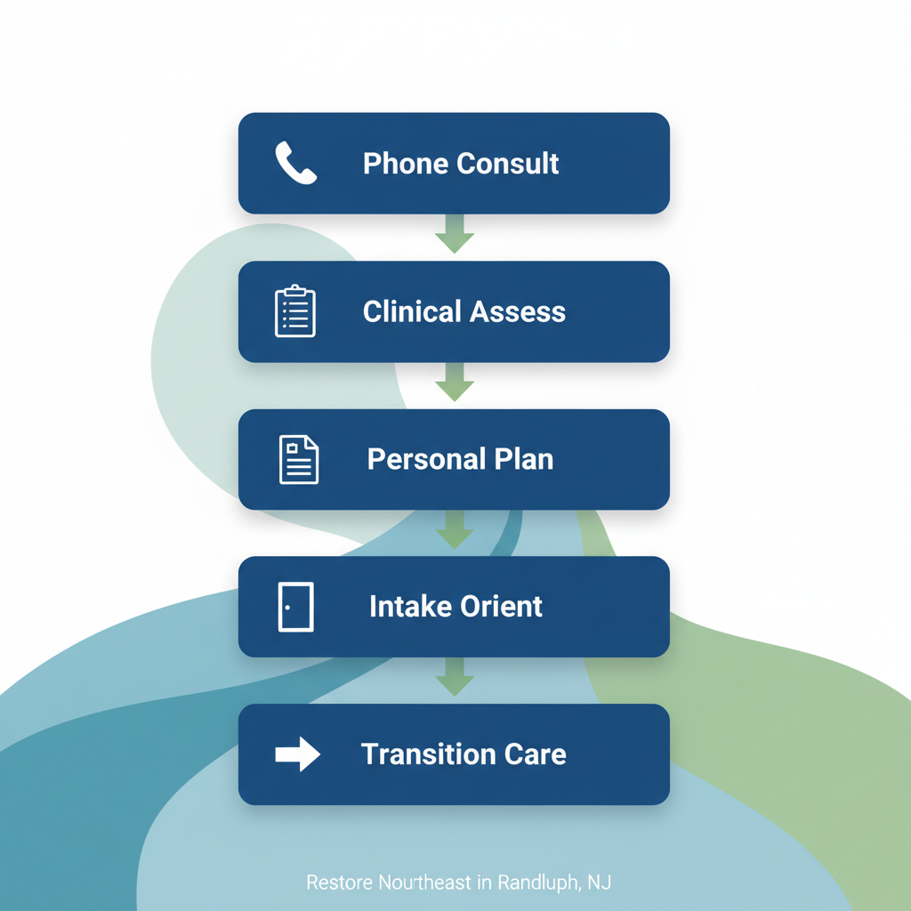 Vertical process flow diagram showing five steps to start addiction treatment: phone consultation, clinical assessment, personalized plan, intake orientation, and transition to care