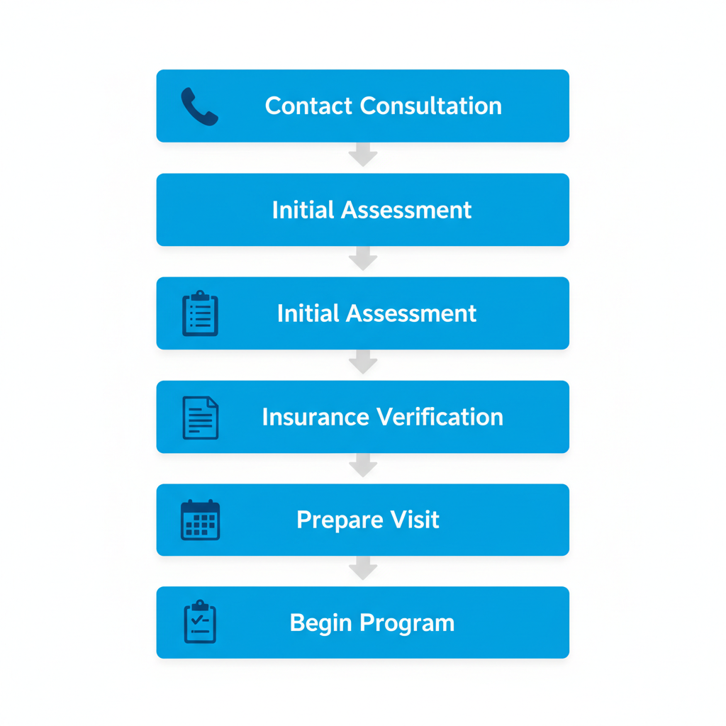 Vertical process flow diagram illustrating the five key steps to begin rehab treatment at Restore Northeast, including contact, assessment, insurance verification, preparation, and program initiation.