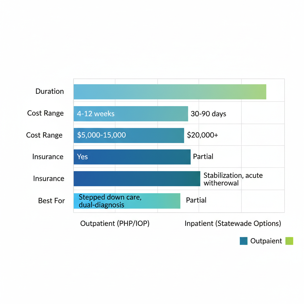 Horizontal bar chart comparing outpatient and inpatient rehab options in Morris County, NJ, with metrics on duration, cost, insurance, and suitability.