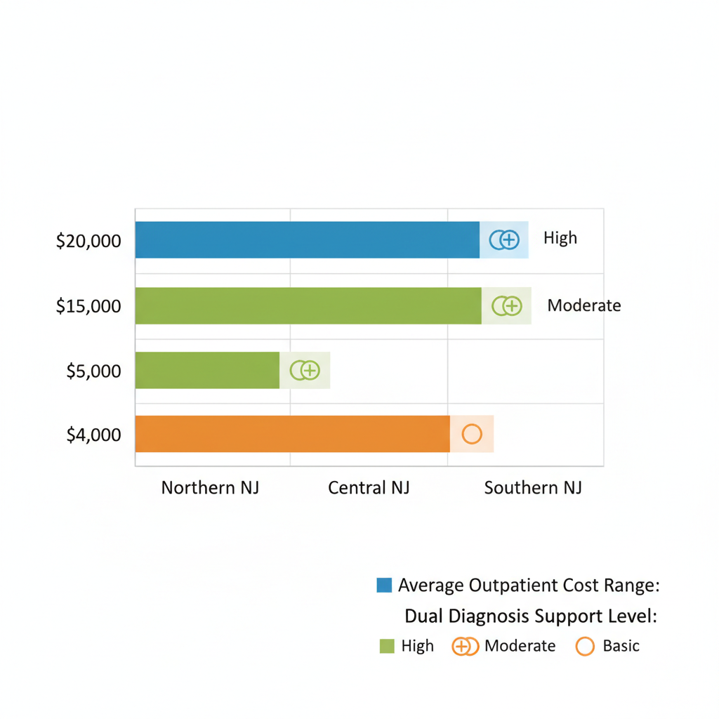 Bar chart comparing outpatient addiction treatment cost ranges and dual diagnosis support levels across Northern, Central, and Southern New Jersey regions.