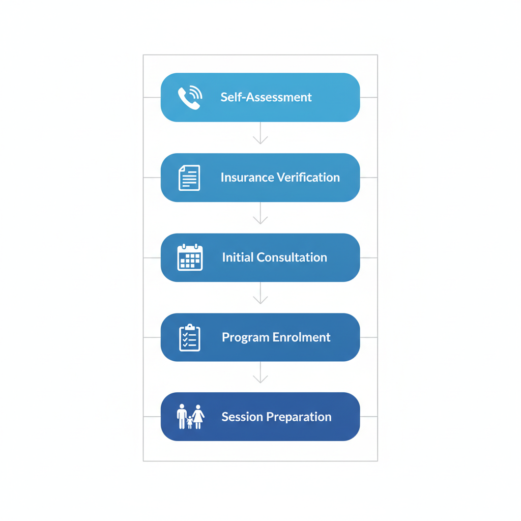 Vertical process flow diagram showing five steps to start alcohol rehab in New Jersey with icons and brief labels.