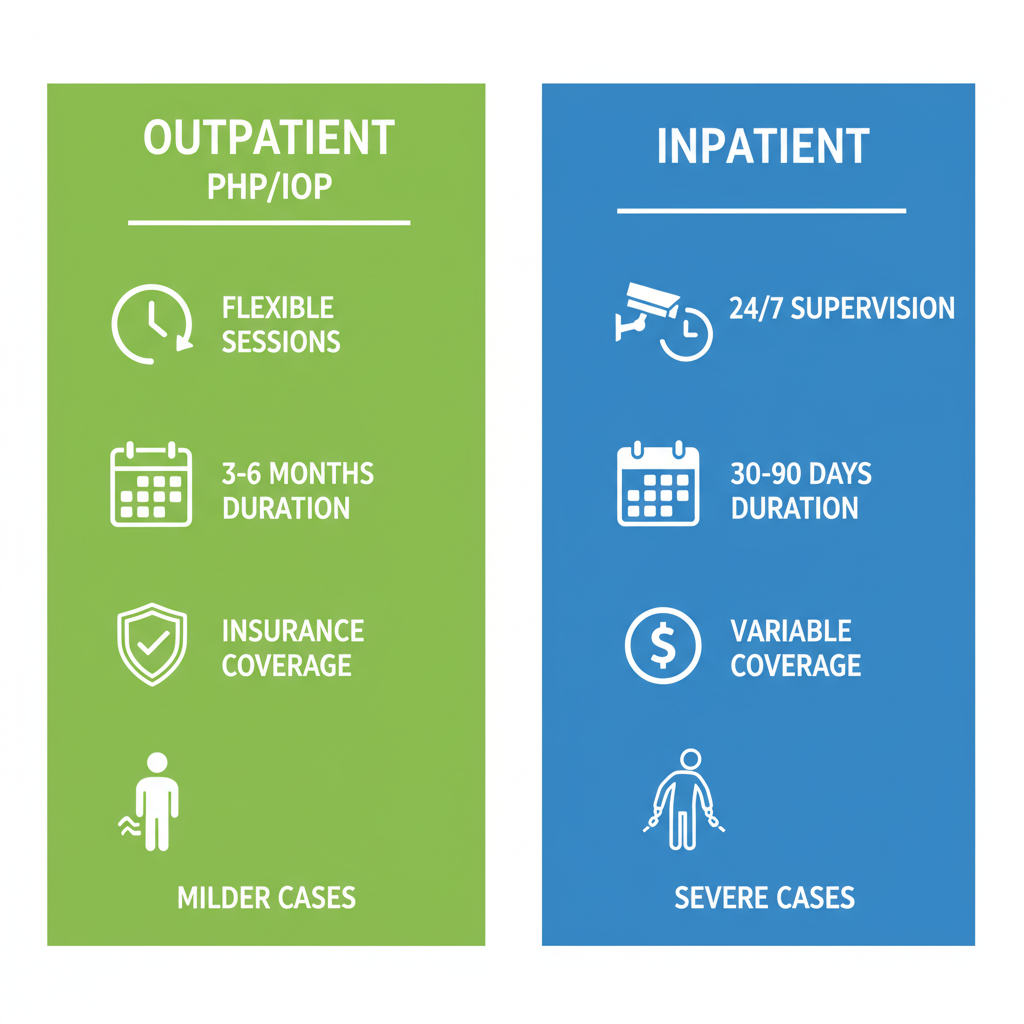 Infographic comparing outpatient and inpatient alcohol rehab programs in New Jersey with key features and icons
