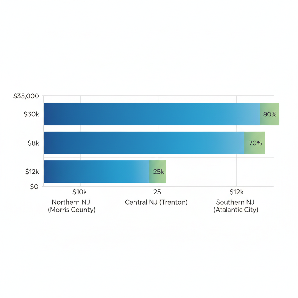 Horizontal bar chart comparing average cost ranges and insurance coverage for inpatient rehab across Northern, Central, and Southern New Jersey regions.