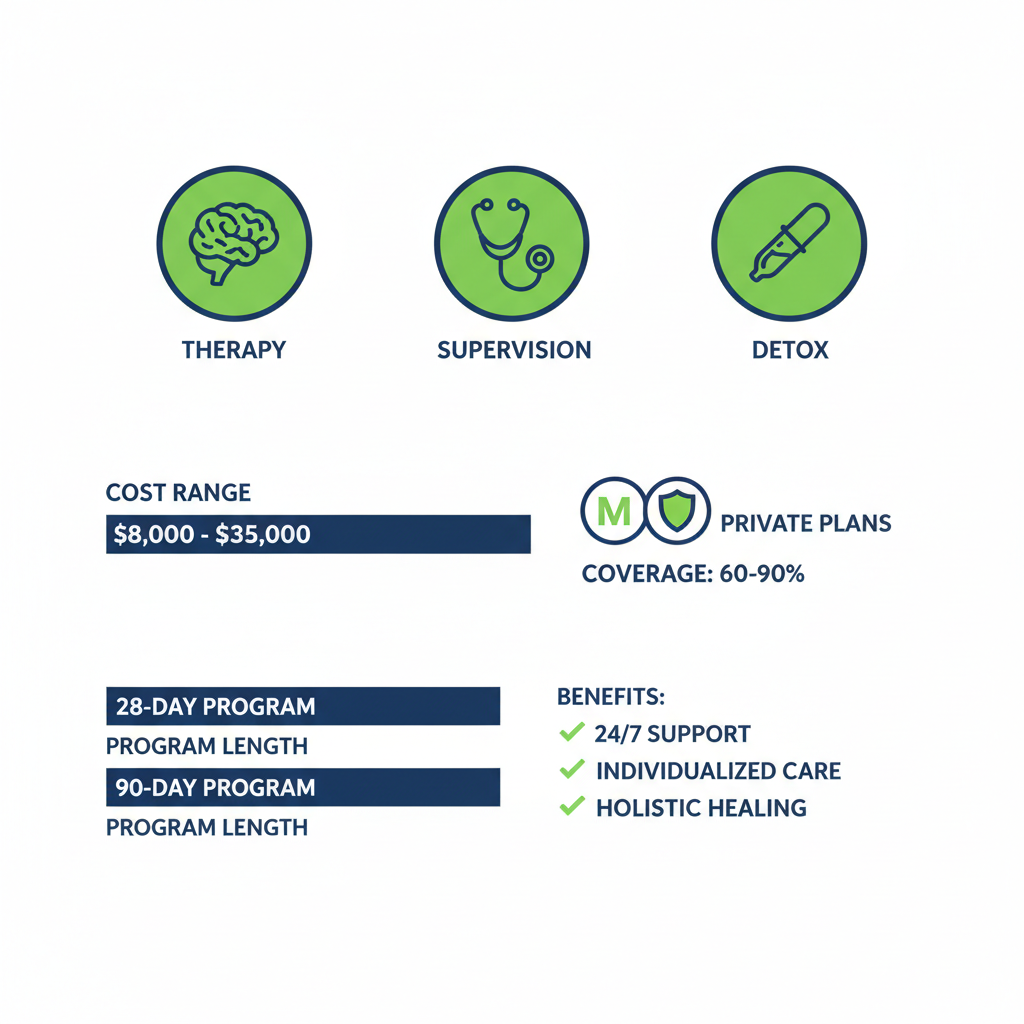Infographic illustrating inpatient rehab services, costs, insurance coverage, and program durations in New Jersey