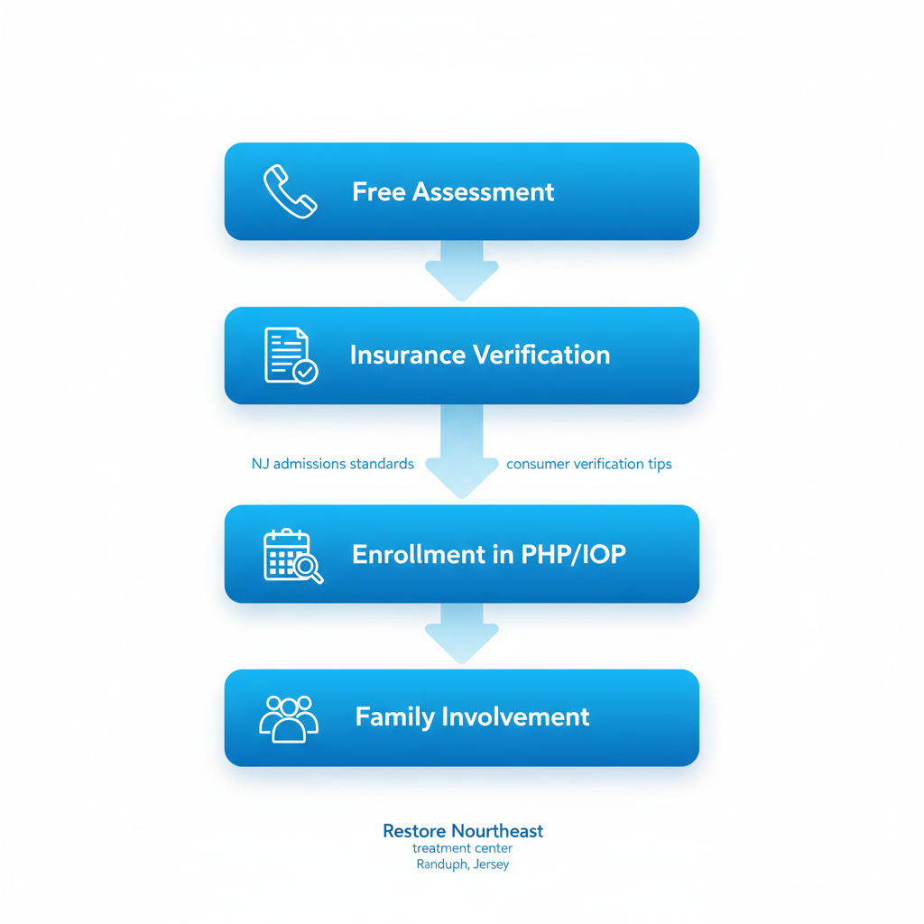 Vertical process flow illustrating five recovery steps at Restore Northeast: free assessment, insurance verification, initial evaluation, program enrollment, and family involvement.