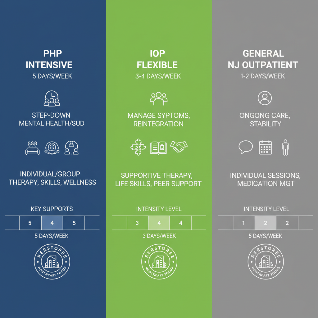 Infographic comparing PHP, IOP, and general outpatient programs in Morris County with icons and color-coded intensity bars