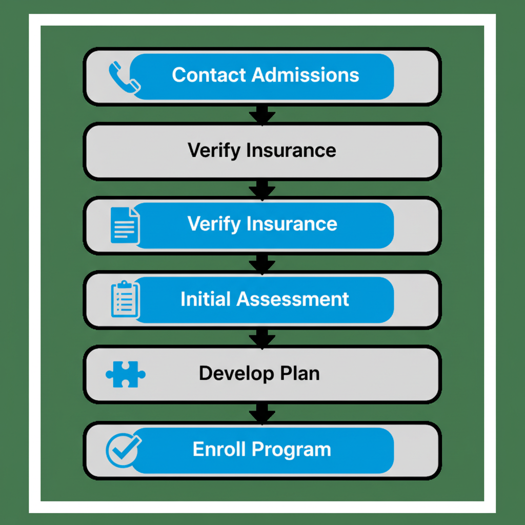 Vertical process flow diagram showing five steps to start treatment: contact admissions, verify insurance, initial assessment, develop plan, and enroll program at Restore Northeast.