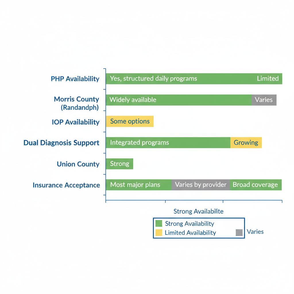 Horizontal bar chart comparing outpatient addiction treatment options across Morris, Essex, and Union Counties in Northern New Jersey, highlighting availability of PHP, IOP, dual diagnosis, and insurance acceptance.