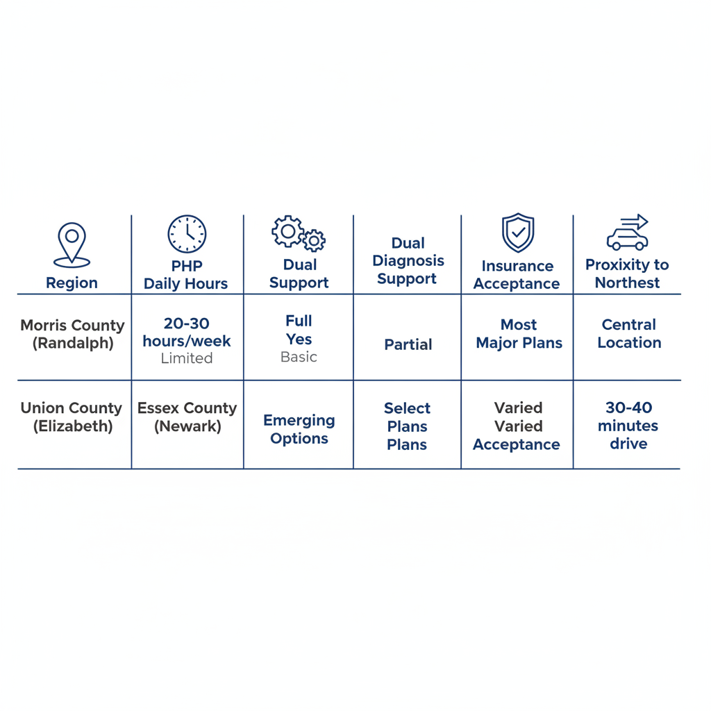 Infographic table comparing Partial Hospitalization Program availability in Morris, Essex, and Union Counties, New Jersey, highlighting hours, dual diagnosis support, insurance, and proximity to Restore Northeast.