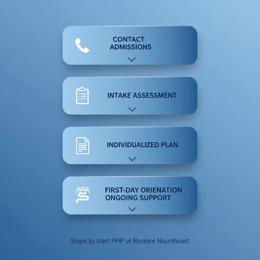 Vertical process flow diagram illustrating the five steps to begin Partial Hospitalization Program at Restore Northeast with icons and labels