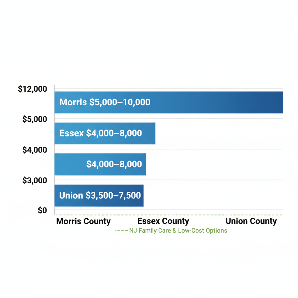 Horizontal bar chart comparing monthly outpatient addiction treatment costs in Morris, Essex, and Union Counties, New Jersey, with insurance coverage notes.