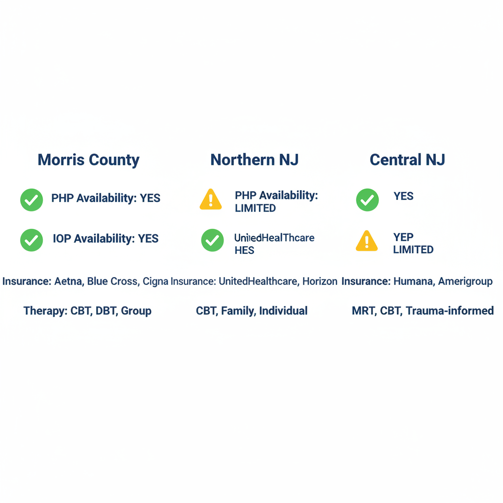 Infographic comparing alcohol treatment program availability across New Jersey regions including Morris County, Northern NJ, and Central NJ.