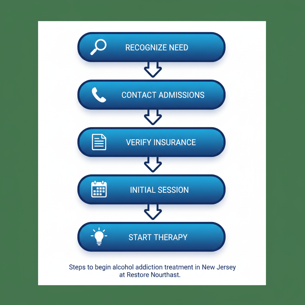 Vertical process flow illustrating five key steps to initiate alcohol addiction treatment in New Jersey
