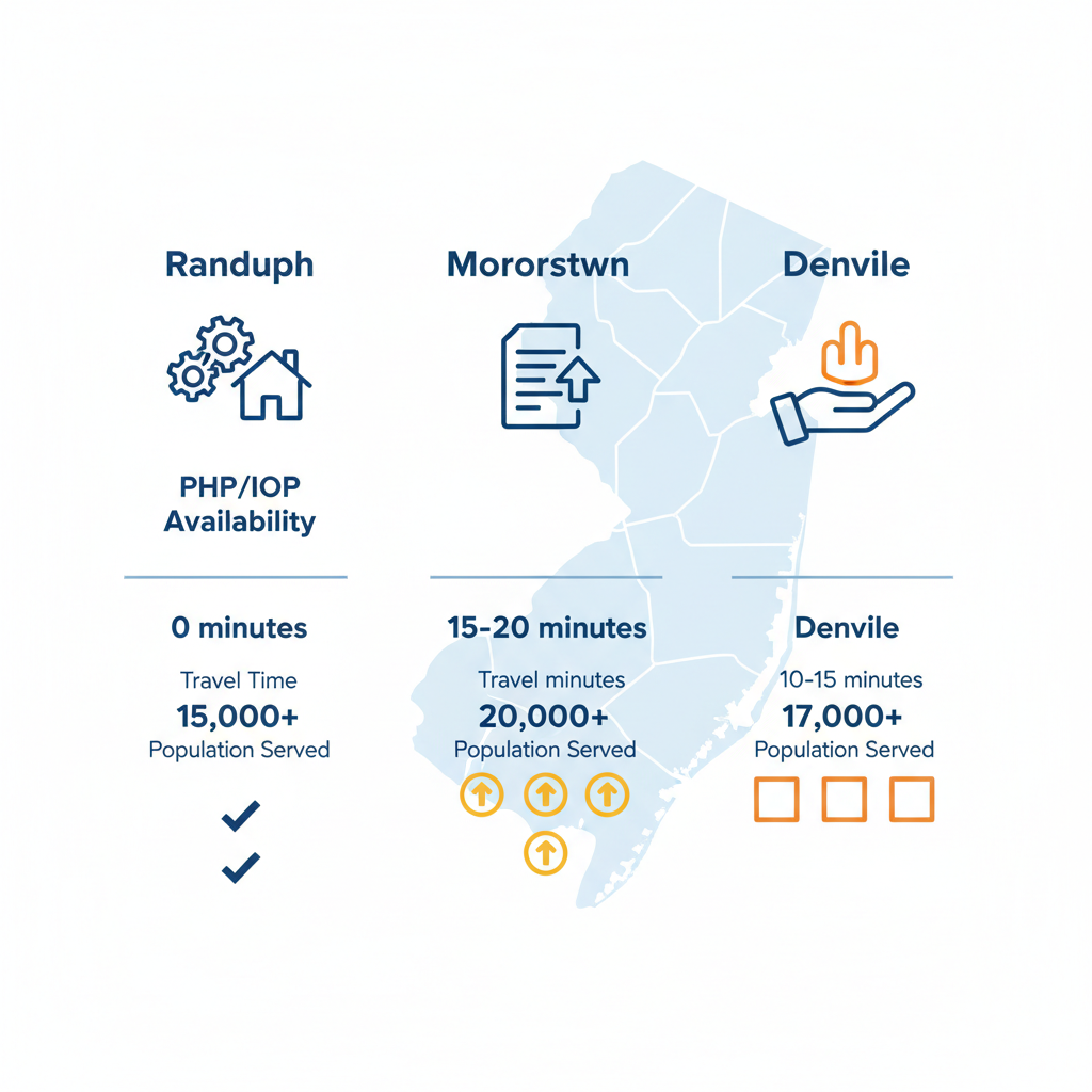 Infographic comparing addiction treatment access in Randolph, Morristown, and Denville with icons for outpatient services, travel times, and population data.