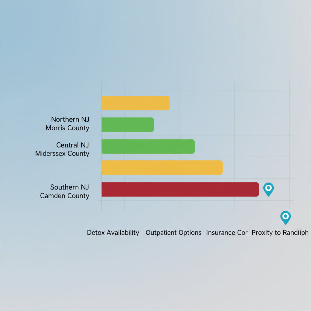 Horizontal bar chart comparing detox and treatment access across New Jersey regions with color-coded ratings