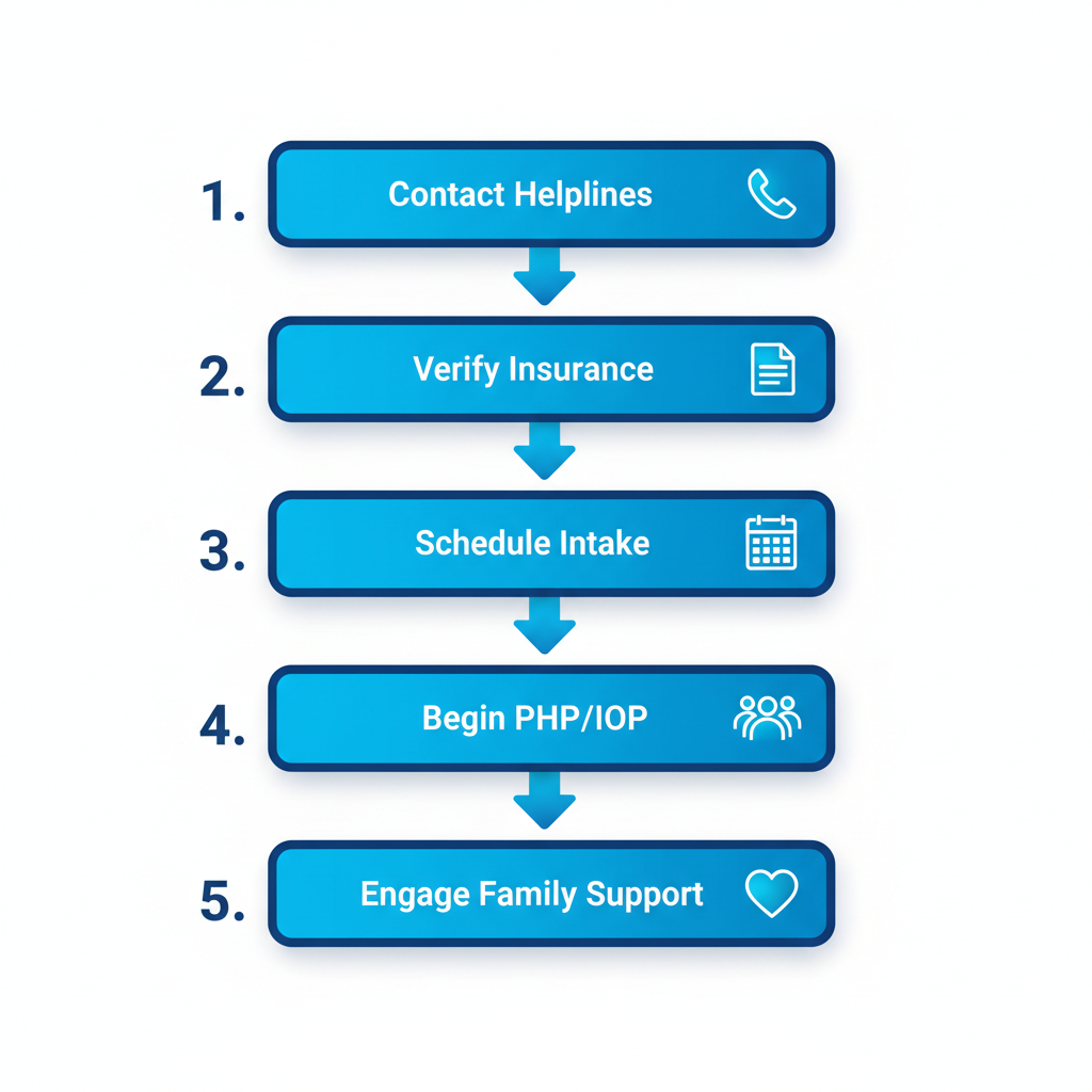 Vertical process flow diagram showing five steps to begin recovery after detox: contacting helplines, verifying insurance, scheduling intake, starting PHP/IOP, and engaging family support.