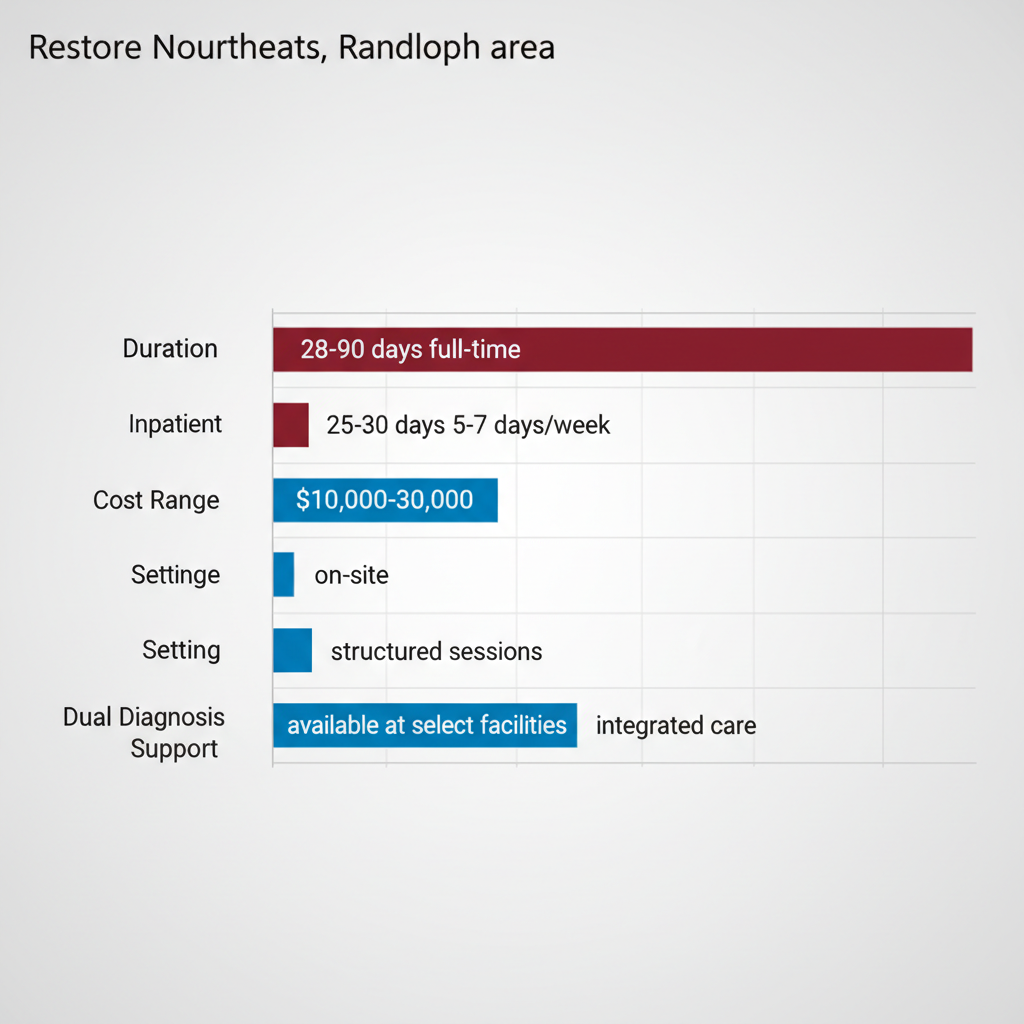 Horizontal bar chart comparing inpatient and outpatient addiction treatment options at Restore Northeast, showing differences in duration, cost, setting, and dual diagnosis support.