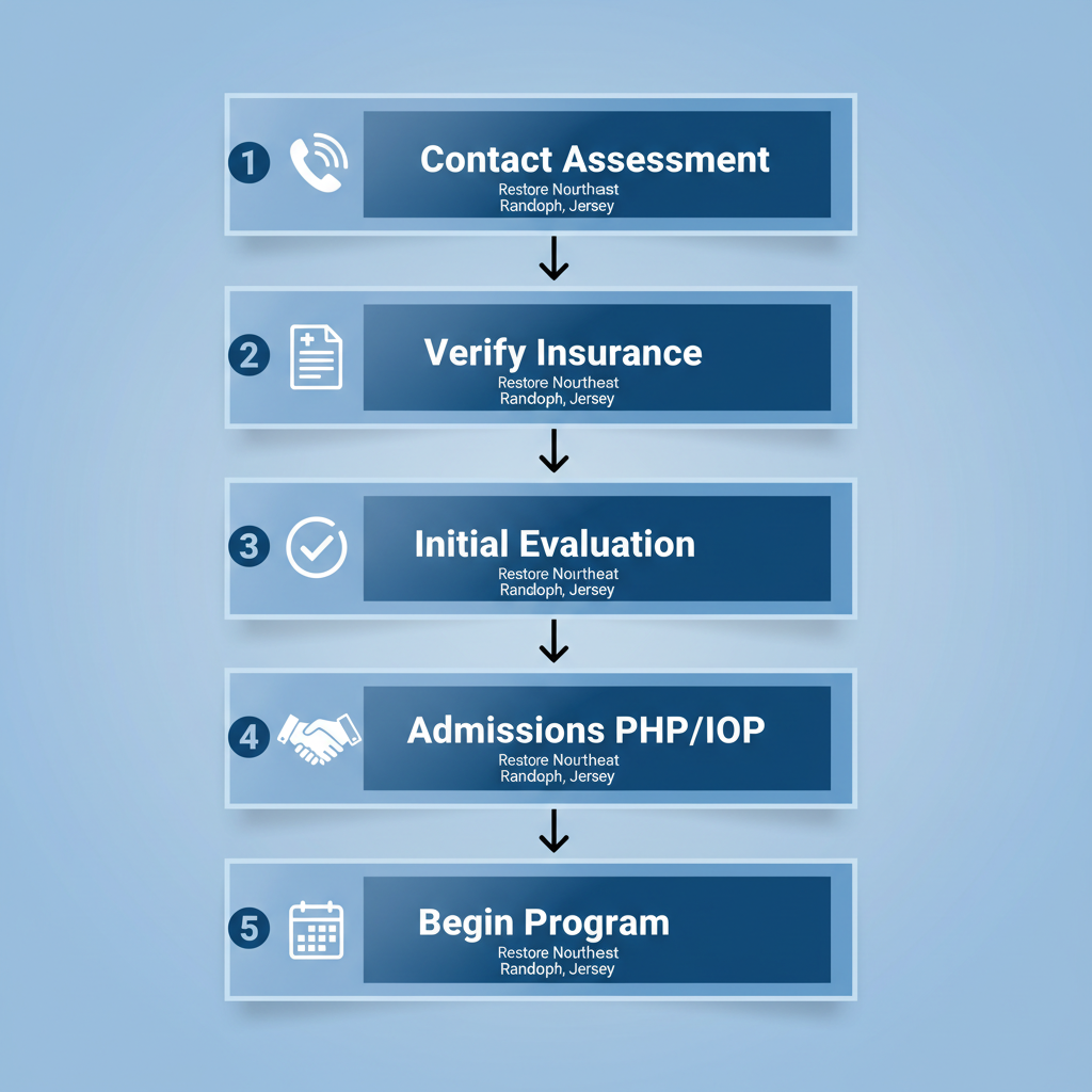 Vertical process flow diagram illustrating five steps to start addiction recovery: contact assessment, insurance verification, initial evaluation, admissions, and begin program with relevant icons.