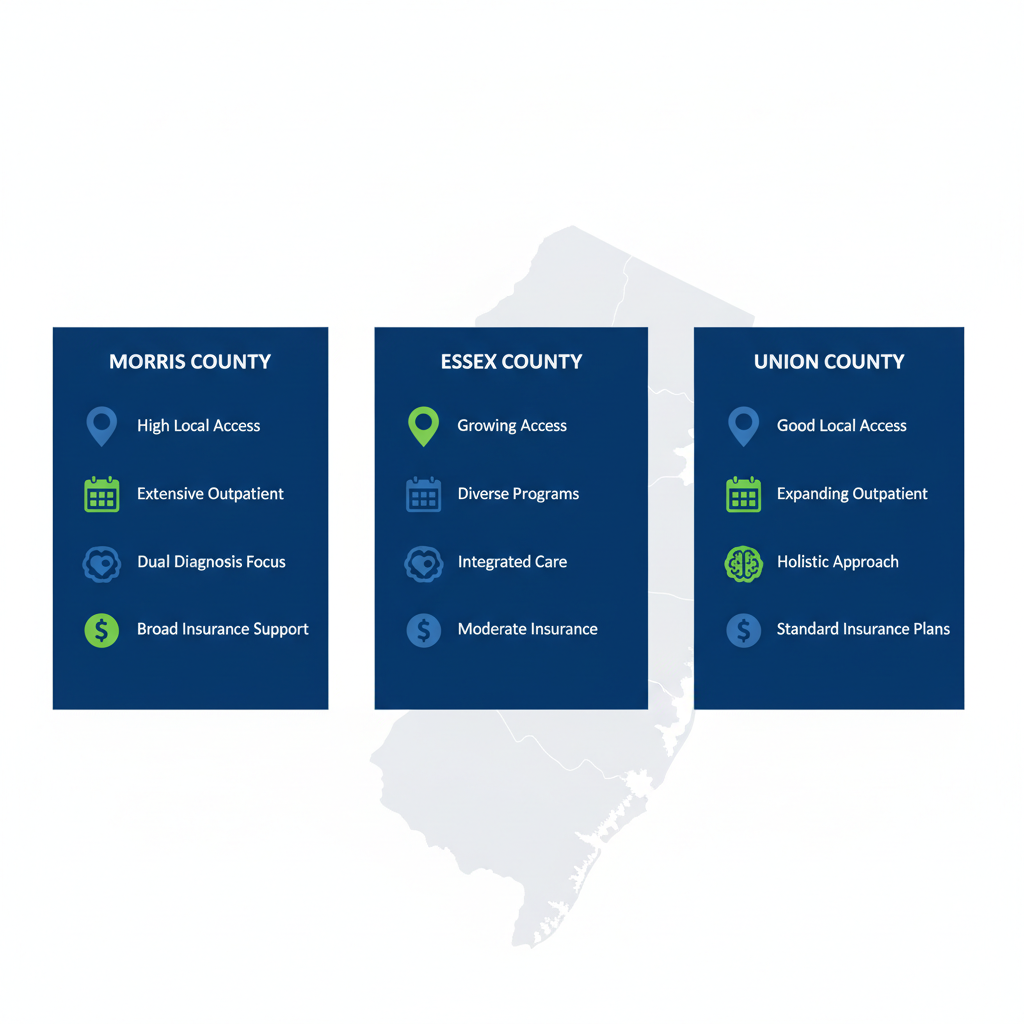 Infographic comparing addiction treatment resources in Morris, Essex, and Union Counties of New Jersey with icons for proximity, programs, and support.