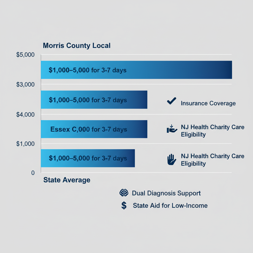 Horizontal bar chart displaying detox costs in New Jersey counties with insurance and charity care indicators