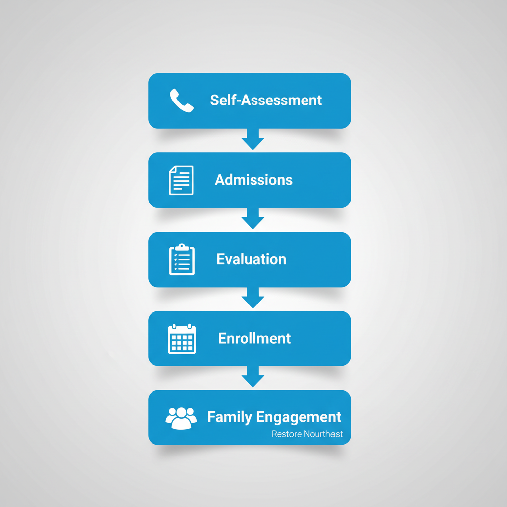 Vertical process flow diagram illustrating five steps to begin recovery at Restore Northeast, with icons for self-assessment, admissions, evaluation, enrollment, and family engagement.