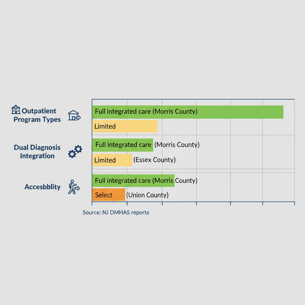 Horizontal bar chart comparing treatment options in Morris, Essex, and Union Counties with icons and color-coded ratings.