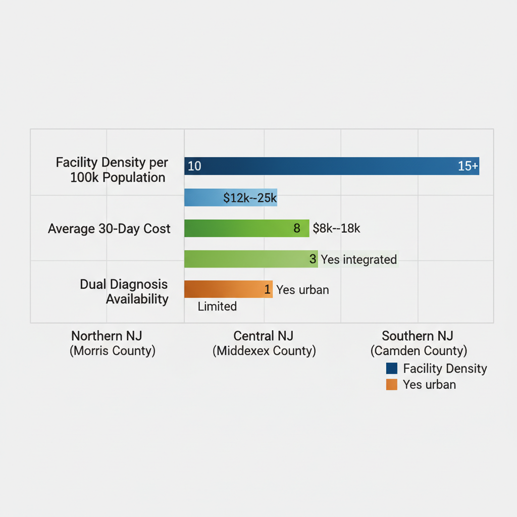Horizontal bar chart comparing addiction treatment metrics across New Jersey regions: facility density, 30-day costs, and dual diagnosis availability.