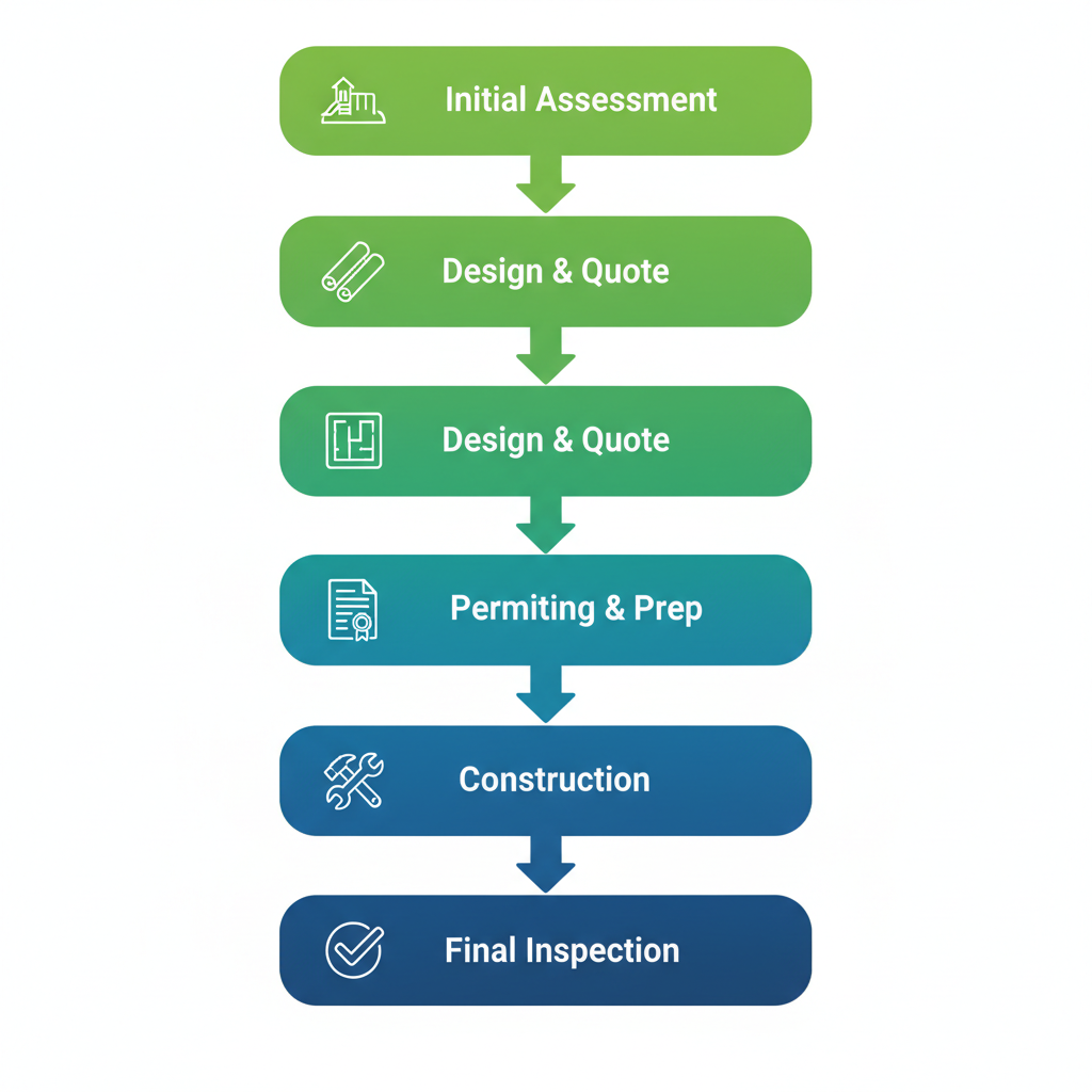 Vertical process flow diagram illustrating the five stages of commercial playground installation in Massachusetts, including certified safety inspections.