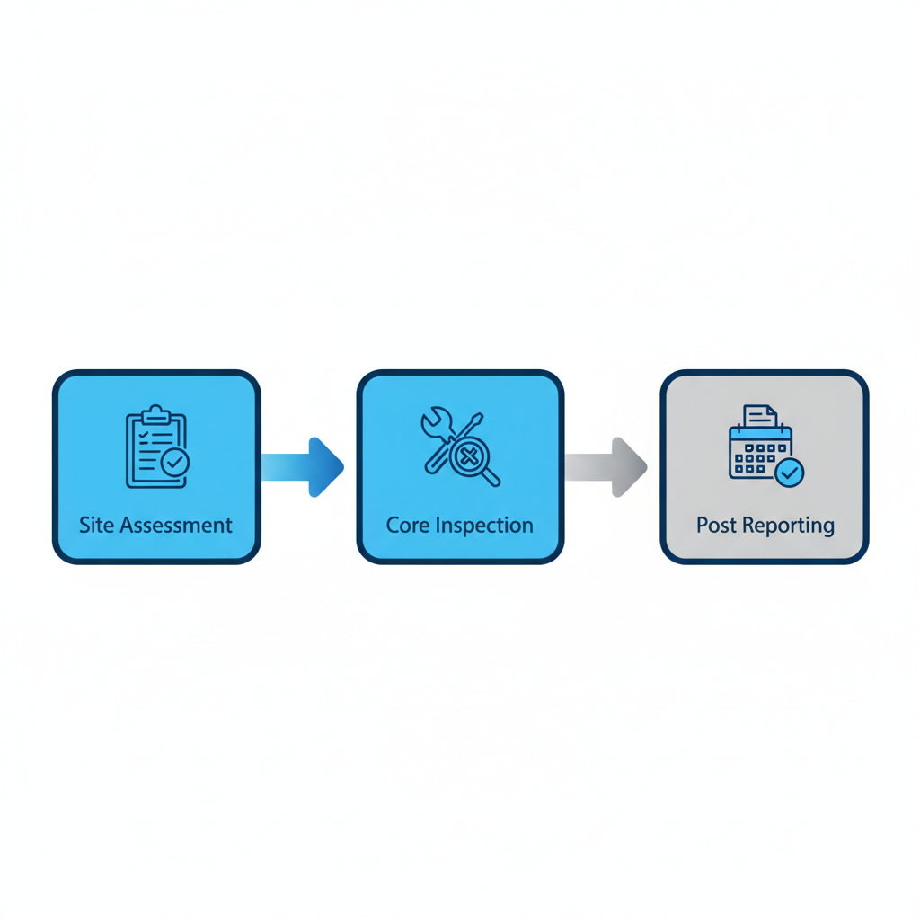 Horizontal process flow diagram of playground inspection stages: site assessment, core inspection, and reporting, with icons and connecting arrows.