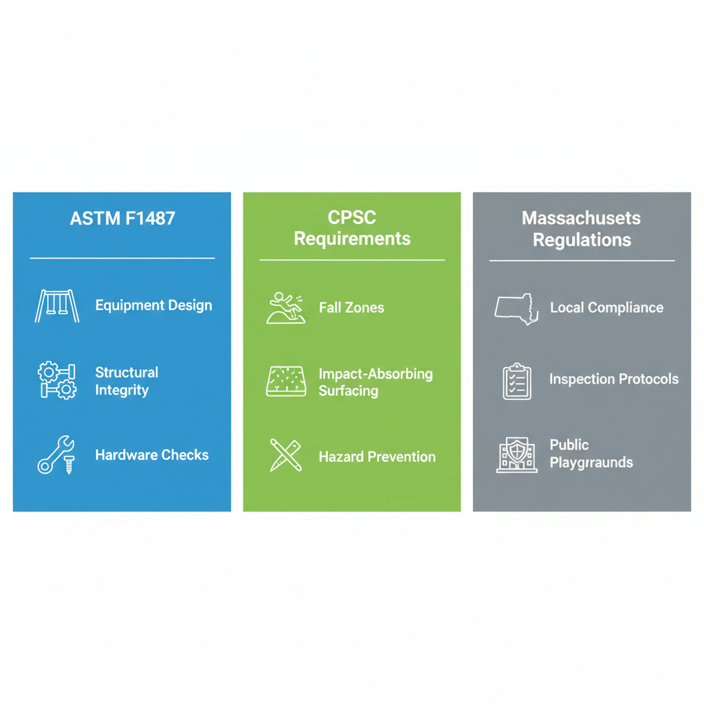 Infographic outlining ASTM, CPSC, and local standards for playground safety inspections with icons and minimal labels